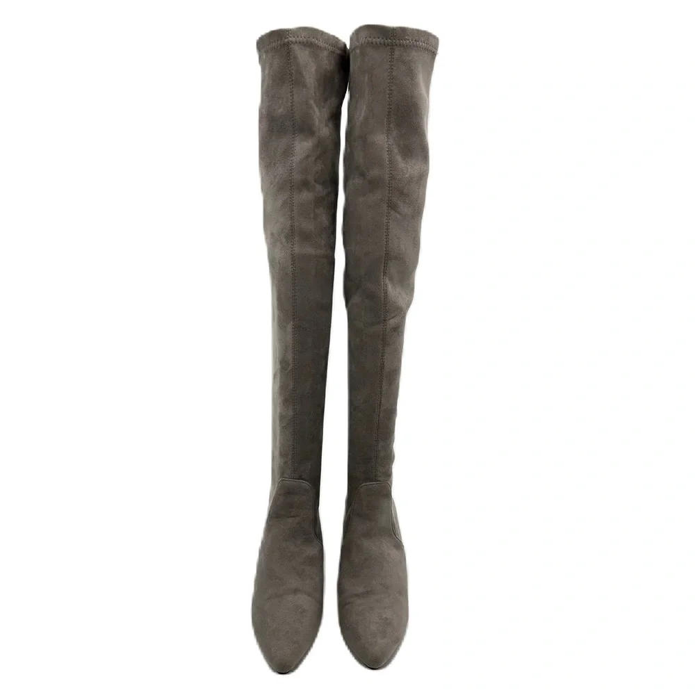 Faux Suede Over The Knee Boot‎ Size 8 Point Toe Block Heel Gray Neutral Baddie